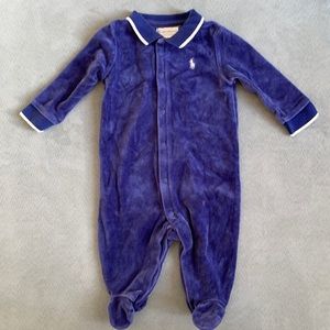 Ralph Lauren Polo, Baby Boy Blue Velour Footed Onesie with Collar, Size 3M